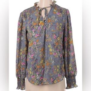 Alex & lili large gray floral blouse with tie neck